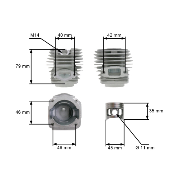 HS PARTS kompletní válec s pístem 45 mm pro Čínské motorové pily a pily z hobbymarketů s obsahem motoru 52 ccm