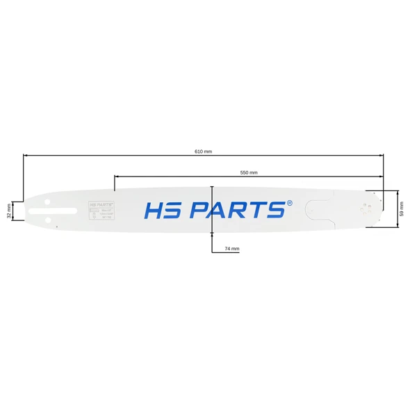 HS PARTS profesionální vodící lišta 22" (55 cm) 3/8" .058" (1,5 mm) 76 článků pro Husqvarna 61 66 266 268 272 365 372XP 281 298 380 385 585 Solo 665 670 681 Jonsered 2077 2171 Dolmar PS6400 PS7900 Shindaiwa 285 300 550 Echo CS3500