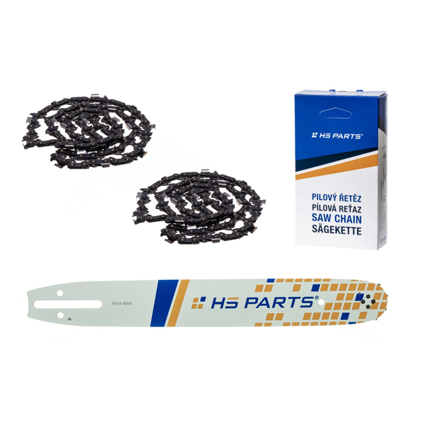 HS PARTS vodiaca lišta 14" (35 cm) 3/8" .050" (1,3 mm) + 2 x pílový reťaz 52 článkov hranatý zub pre Partner 350 351 370 P420 Husqvarna T425 E16 E316 E321 Dolmar PS330 PS33 PS34 ES152 Homelite 3300 CS40 Solo 613 Oleomac GS35 GS350 931
