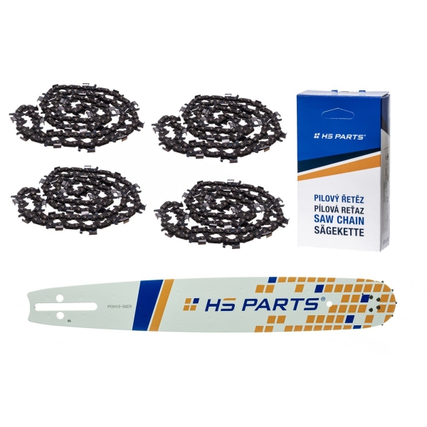 HS PARTS vodiaca lišta 15" (38 cm) 3/8" .058" (1,5 mm) + 4 x pílová reťaz na pozdĺžne rezanie 56 článku guľatý zub pre výrobu fošní a dosiek pre Husqvarna 246 254 262 345 357 455 460 555 560 Dolmar 111 112 115 Solo 613 614