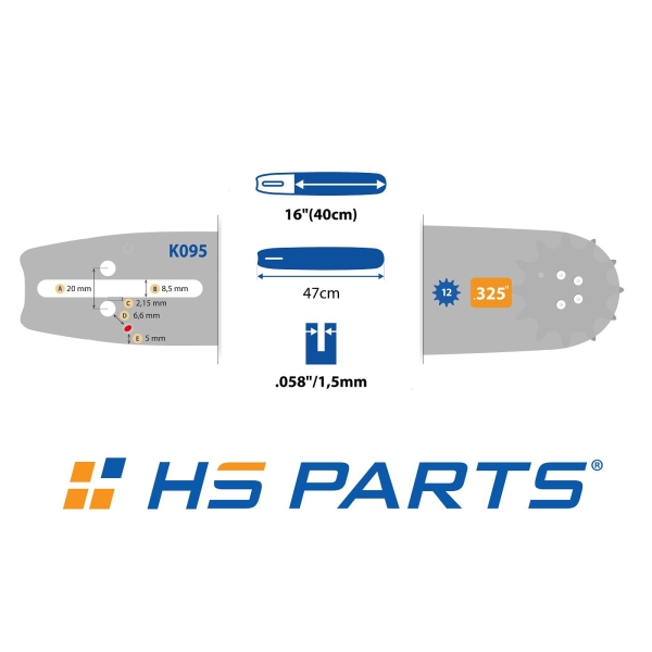 HS PARTS vodiaca lišta 16" (40 cm) .325" .058" (1,5 mm) + pílová reťaz 66 článkov hranatý zub pre Husqvarna 36 55 136 154 257 262 346 357 435 445 460 Jonsered 2054 2152 2155 Dolmar 109 111 112 116 Solo 639 651 665