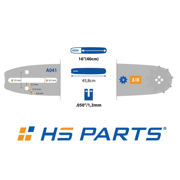 HS PARTS vodiaca lišta 16" (40cm) 3/8" .050" (1,3mm) +2 x pílový reťaz 56 článkov hranatý zub pre Partner 350 351 370 P420 Husqvarna T425 E16 E316 E321 Dolmar PS330 PS33 PS34 ES152 Homelite 3300 CS40 Solo 613 Oleomac GS35 GS350 931
