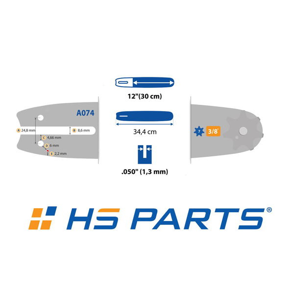 HS PARTS vodící lišta 12" (30 cm) 3/8".050" (1,3 mm) pro Stihl MSE140 MS160 MS170 MS180 MS191 MS211 MS230 MS241 MS250 E180