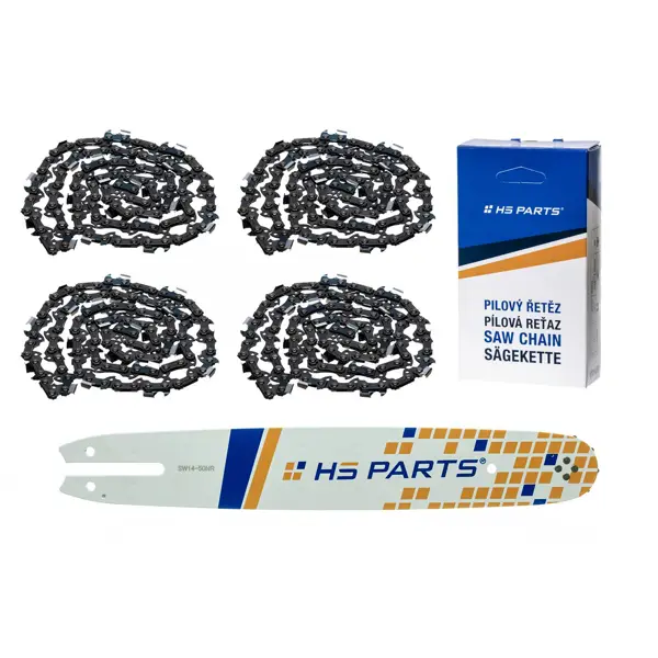 HS PARTS vodící lišta 14" (35 cm) 3/8" .050" (1,3 mm) + 4 x pilový řetěz 50 článků hranatý zub pro Stihl 009 012 017 018 019 020 021 025 MS170 MS180 MS192 MS200 MS210 MS211 MS241 MS251