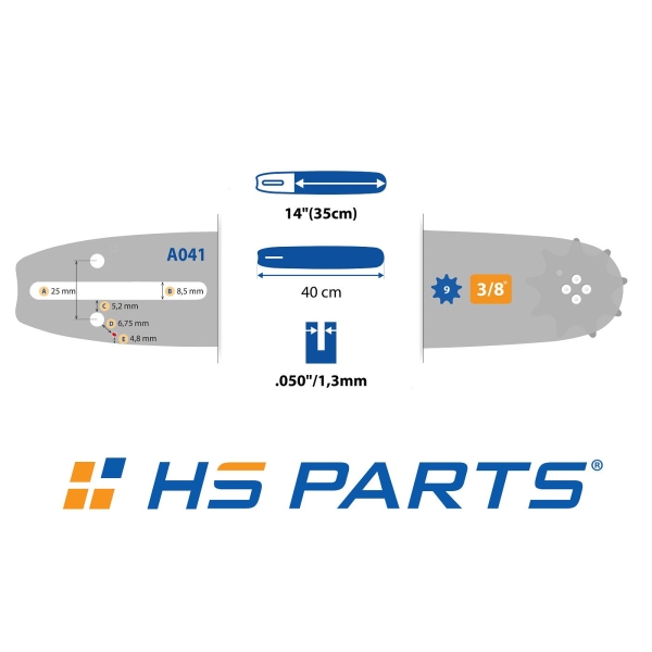 HS PARTS vodící lišta 14" (35 cm) 3/8" .050" (1,3 mm) + pilový řetěz 52 článků hranatý zub pro Partner 350 351 370 P420 Husqvarna T425 E16 E316 E321 Dolmar PS330 PS33 PS34 ES152 Homelite 3300 CS40 Solo 613 Oleomac GS35 GS350 931