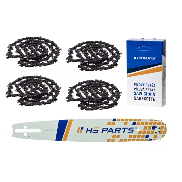 HS PARTS vodící lišta 15" (38 cm) 3/8" .050" (1,3 mm) + 4 x pilový řetěz 56 článků hranatý zub pro Husqvarna 246 254 262 345 357 455 460 555 560 Jonsered 2054 CS2260 Dolmar 111 112 115 PS540 Solo 613 614 650 Oleomac 162 956 962