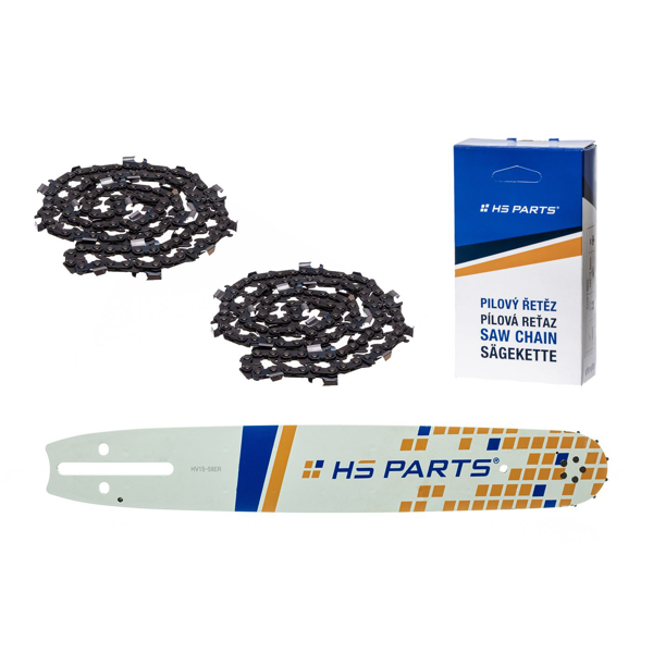 HS PARTS vodící lišta 15" (38 cm) 3/8" .058" (1,5 mm) + 2 x pilový řetěz 56 článků hranatý zub pro Husqvarna 61 66 266 268 272 365 372XP 281 298 380 385 585 Solo 665 670 681 Jonsered 2077 2171 Dolmar PS6400 Shindaiwa 285