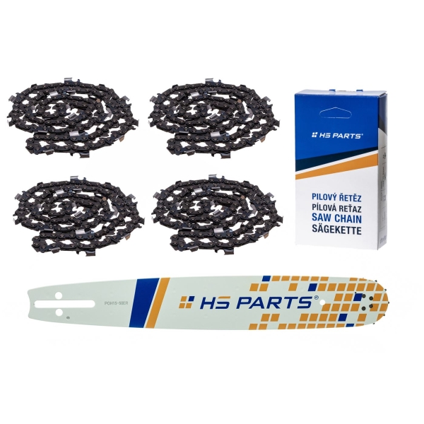 HS PARTS vodící lišta 15" (38 cm) 3/8" .058" (1,5 mm) + 4 x pilový řetěz 56 článků hranatý zub pro Husqvarna 246 254 262 345 357 455 460 555 560 Jonsered 2054 CS2260 Dolmar 111 112 115 PS540 Solo 613 614 650 Oleomac 162 956 962