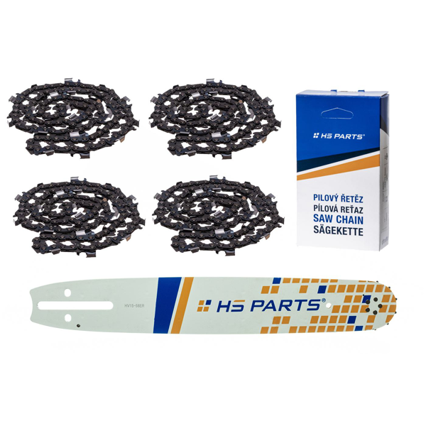 HS PARTS vodící lišta 15" (38 cm) 3/8" .058" (1,5 mm) + 4 x pilový řetěz 56 článků hranatý zub pro Husqvarna 61 66 266 268 272 365 372XP 281 298 380 385 585 Solo 665 670 681 Jonsered 2077 2171 Dolmar PS6400 Shindaiwa 285 577 Makita DCS6400