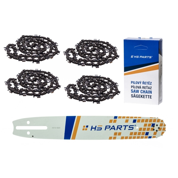 HS PARTS vodící lišta 15" (38 cm) 3/8" .058" (1,5 mm) + 4 x pilový řetěz 56 článků kulatý zub na podélné řezání pro Husqvarna 61 66 266 268 272 365 372XP 281 298 380 385 585 Solo 665 670 681 Jonsered 2077 2171 Dolmar PS6400