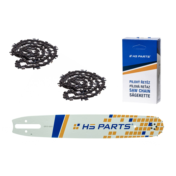 HS PARTS vodící lišta 15" (38 cm) 3/8" .063" (1,6 mm) + 2 x pilový řetěz 56 článků kulatý zub pro výrobu fošen a prken vhodné Stihl 044 048 056 066 MS290 MS310 MS360 MS361 MS362 MS440 MS441 MS462 MS460 MS640 MS650 MS660 MS500i