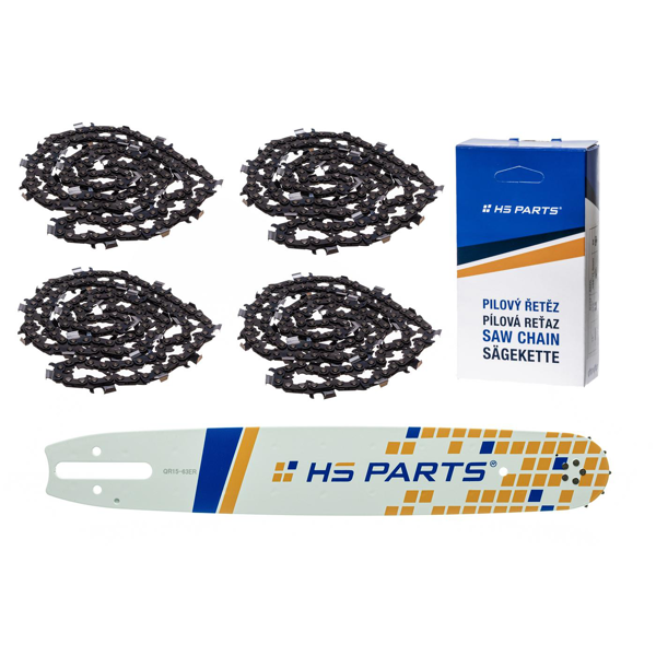 HS PARTS vodící lišta 15" (38 cm) 3/8" .063" (1,6 mm) + 4 x pilový řetěz 56 článků hranatý zub pro Stihl 036 038 044 066 MS290 MS310 MS390 MS440 MS441 MS460 MS640 MS650 MS660