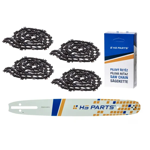 HS PARTS vodící lišta 15" (38 cm) .325" .050" (1,3 mm) + 4 x pilový řetěz 64 článků hranatý zub pro Husqvarna 36 45 55 136 154 254 257 262 345 346 357 435 445 460 Jonsered 2054 2152 2155 CS2149W Dolmar 111 112 116 Oleomac 947 952 962