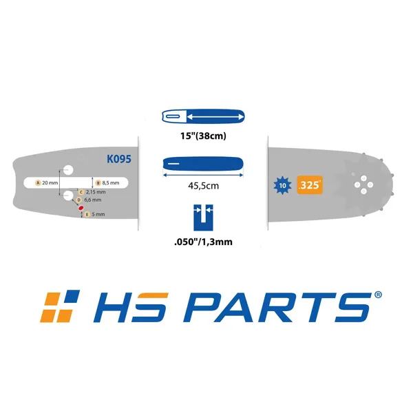 HS PARTS vodící lišta 15" (38 cm) .325" .050" (1,3 mm) + 4 x pilový řetěz 64 článků hranatý zub pro Husqvarna 36 45 55 136 154 254 257 262 345 346 357 435 445 460 Jonsered 2054 2152 2155 CS2149W Dolmar 111 112 116 Oleomac 947 952 962