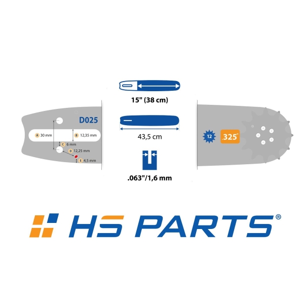 HS PARTS vodící lišta 15" (38 cm) .325" .063" (1,6 mm) + pilový řetěz 62 článků hranatý zub pro Stihl 024 026 036 039 MS240 MS260 MS261 MS270 MS280 MS290 MS310 MS390