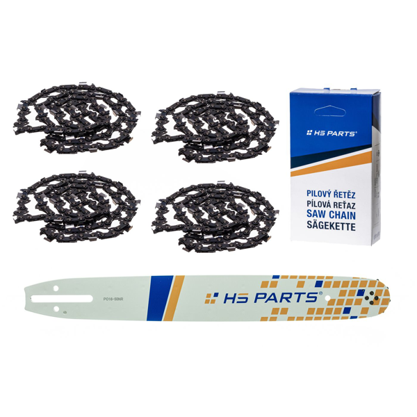 HS PARTS vodící lišta 16" (40 cm) 3/8" .050" (1,3 mm) + 4 x pilový řetěz 56 článek hranatý zub pro Partner 350 351 370 P420 Husqvarna T425 E16 E316 E321 Dolmar PS330 PS33 PS34 ES152 Homelite 3300 CS40 Solo 613 Oleomac GS35 GS350 931