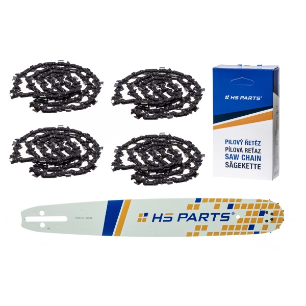 HS PARTS vodící lišta 16" (40 cm) 3/8" .050" (1,3 mm) + 4 x pilový řetěz 60 článků hranatý zub pro Husqvarna 246 254 262 345 357 455 460 555 560 Jonsered 2054 CS2260 Dolmar 111 112 115 PS540 Solo 613 614 650 Oleomac 162 956 962