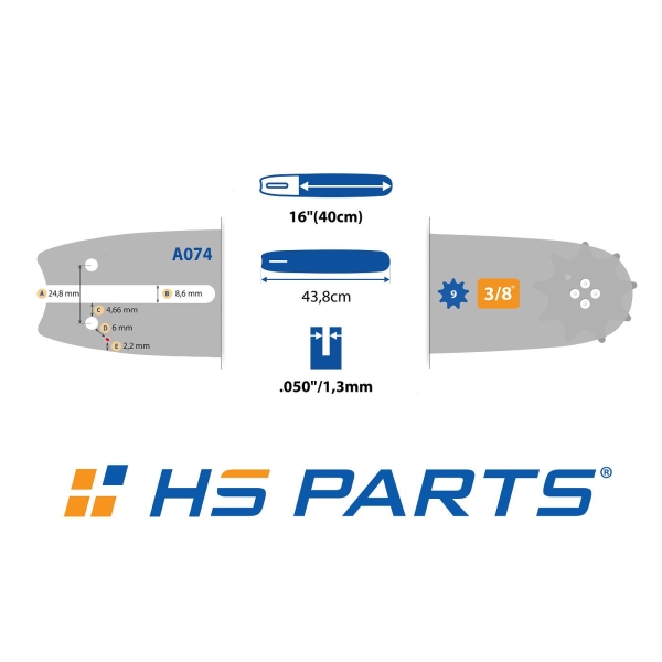 HS PARTS vodící lišta 16" (40 cm) 3/8" .050" (1,3 mm) + pilový řetěz 55 článků hranatý zub pro Stihl 009 020 021 MS170 MS180 MS191 MS200 MS210 MS250 MS211 MS251