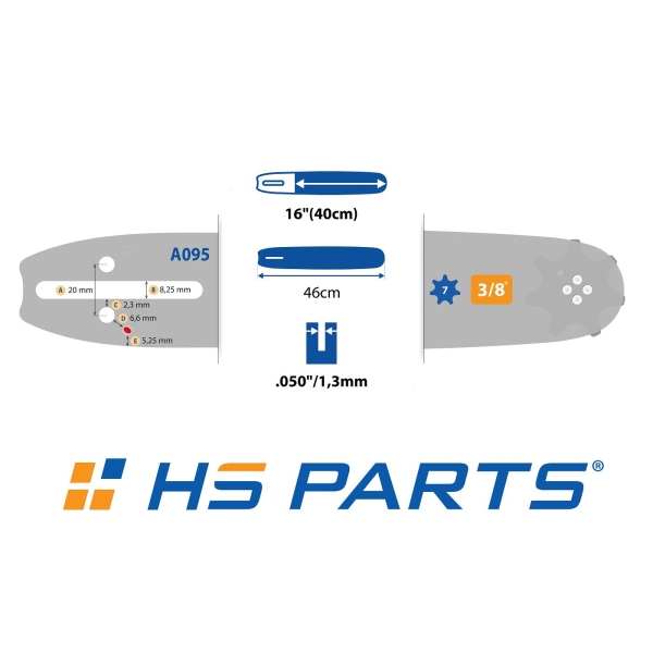 HS PARTS vodící lišta 16" (40 cm) 3/8" .050" (1,3 mm) + pilový řetěz 56 článků hranatý zub pro Husqvarna 36 41 136 137 141 142 236 338XPT 333 334 1400 315 316 135MARKII