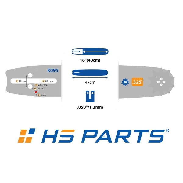HS PARTS vodící lišta 16" (40 cm) .325" .050" (1,3 mm) + pilový řetěz 66 článků hranatý zub pro Husqvarna 36 45 55 136 154 254 257 262 345 346 357 435 445 460 Jonsered 2054 2152 2155 CS2149W Dolmar 109 111 112 116 Oleomac 938 946 947 952 962