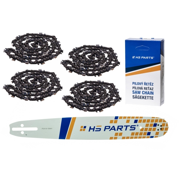 HS PARTS vodící lišta 16" (40 cm) .325" .058" (1,5 mm) + 4 x pilový řetěz 66 článků hranatý zub pro Husqvarna 36 45 55 136 154 254 257 262 345 346 357 435 445 460 Jonsered 2054 2152 2155 CS2149W Dolmar 111 112 116 Oleomac 947 952 962