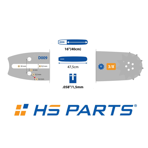 HS PARTS vodící lišta 16" (40cm) 3/8" .058" (1,5 mm) + pilový řetěz 60 článků hranatý zub + řetězka Husqvarna 362 365 371 372XP 365 X-TORQ Jonsered 2163 CS2165