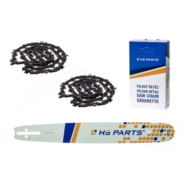 HS PARTS vodící lišta 18" (45 cm) 3/8" .050" (1,3 mm) + 2 x pilový řetěz 64 článků hranatý zub pro Husqvarna 246 254 262 345 357 455 460 555 560 Jonsered 2054 CS2260 Dolmar 111 112 115 PS540 Solo 613 614 650 Oleomac 162 956 962