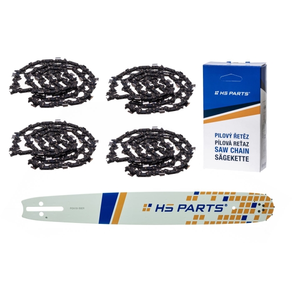 HS PARTS vodící lišta 18" (45 cm) 3/8" .050" (1,3 mm) + 4 x pilový řetěz 64 článků hranatý zub pro Husqvarna 246 254 262 345 357 455 460 555 560 Jonsered 2054 CS2260 Dolmar 111 112 115 PS540 Solo 613 614 650 Oleomac 162 956 962