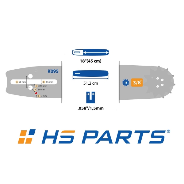 HS PARTS vodící lišta 18" (45 cm) 3/8" .058" (1,5 mm) + 2 x pilový řetěz 64 článků hranatý zub pro Husqvarna 246 254 262 345 357 455 460 555 560 Jonsered 2054 CS2260 Dolmar 111 112 115 PS540 Solo 613 614 650 Oleomac 162 956 962