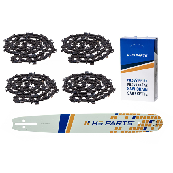 HS PARTS vodící lišta 18" (45 cm) 3/8" .058" (1,5 mm) + 4 x pilový řetěz 68 článků hranatý zub pro Husqvarna 246 254 262 345 357 455 460 555 560 Jonsered 2054 CS2260 Dolmar 111 112 115 PS540 Solo 613 614 650 Oleomac 162 956 962