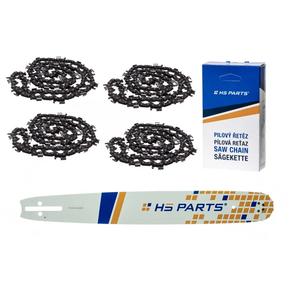 HS PARTS vodící lišta 18" (45 cm) 3/8" .058" (1,5 mm) + 4 x řetěz na podélné řezání 64 článků pro Husqvarna 51 55 246 254 257 261 262 345 356 357 359 455 460 555 560 Jonsered 2054 CS2260 Dolmar 111 112 115 PS540 Solo 613 614 650