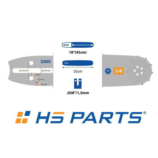 HS PARTS vodící lišta 18" (45 cm) 3/8" .058" (1,5 mm) 68 článků pro Husqvarna 61 66 266 268 272 365 372XP 281 298 380 385 585 Solo 665 670 681 Jonsered 2077 2171 Dolmar PS6400 Shindaiwa 285 577 Makita DCS6400 DCS7301