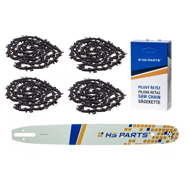 HS PARTS vodící lišta 20" (50 cm) 3/8" .063" (1,6 mm) + 4 x pilový řetěz 72 článků hranatý zub pro Stihl 036 038 044 066 MS290 MS310 MS390 MS440 MS441 MS460 MS640 MS650 MS660