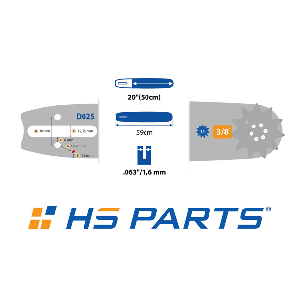 HS PARTS vodící lišta 20" (50 cm) 3/8" .063" (1,6 mm) 72 článků hranatý zub + řetězka pro Stihl 034 036 MS340 MS360