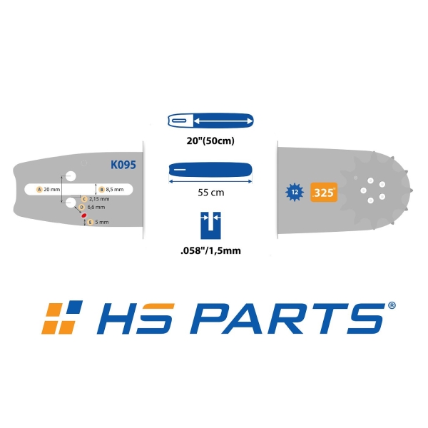 HS PARTS vodící lišta 20" (50 cm) .325" .058" (1,5 mm) pro Husqvarna 36 45 55 136 154 254 257 262 345 346 357 435 445 460 Jonsered 2054 2152 2155 CS2149W Dolmar 109 111 112 116 Oleomac 938 946 947 952 962 Solo 639 651 665