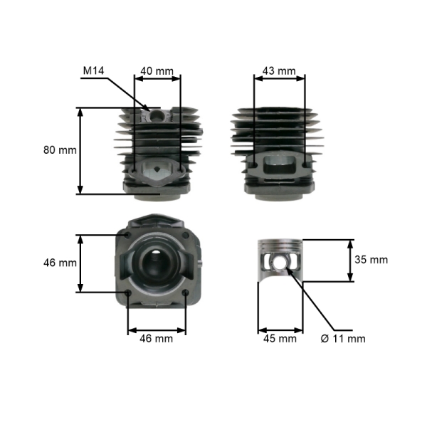Kompletní píst a válec pro čínské motorové pily 52 ccm 45 mm Bizon Harder NAC Steel Victus