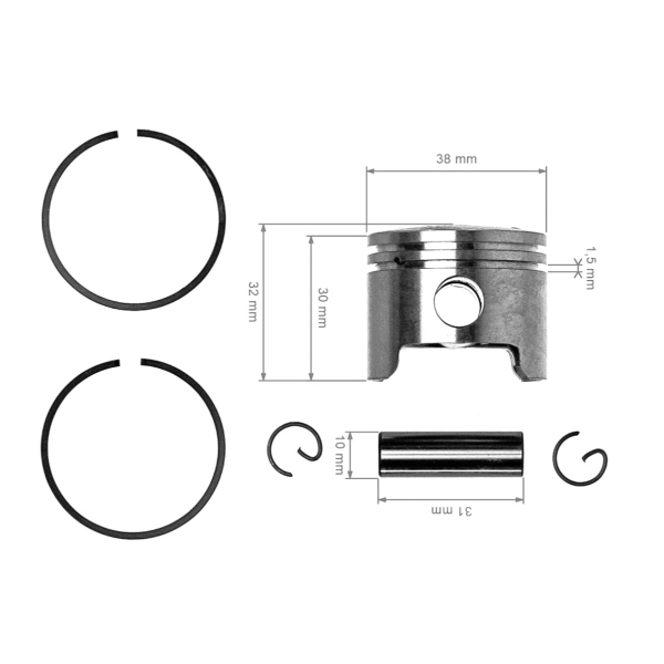 Kompletní píst pro křovinořezy Husqvarna 125RB 125RD 132R 132RB 132RJ 133R Jonsered GC2032 38 mm (OEM 531007839 531002376)