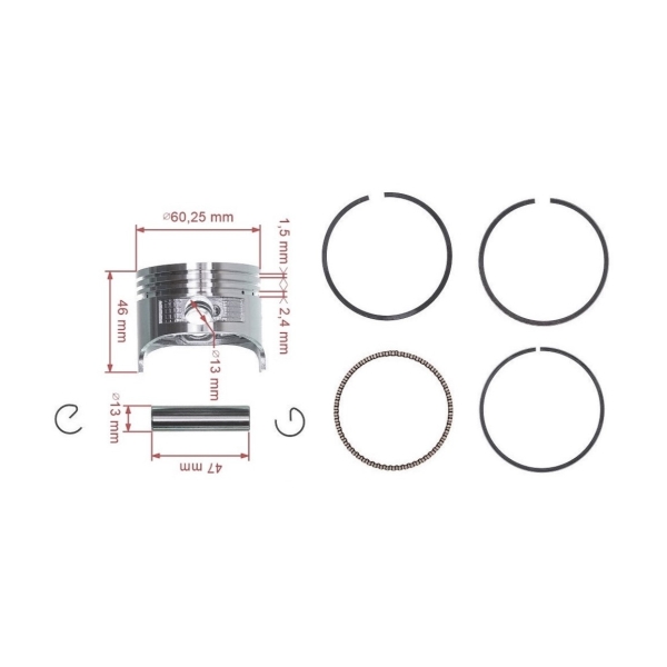 Kompletní píst pro motory Honda GX120 1. výbrus +0,25 mm 60,25 mm (OEM 13102-ZH7-010)