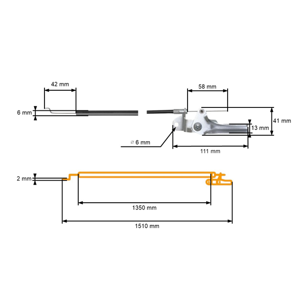 Kompletní univerzální plynové lanko s ocelovým ovladačem pro motorové sekačky rozměr 1510 mm x 1350 mm