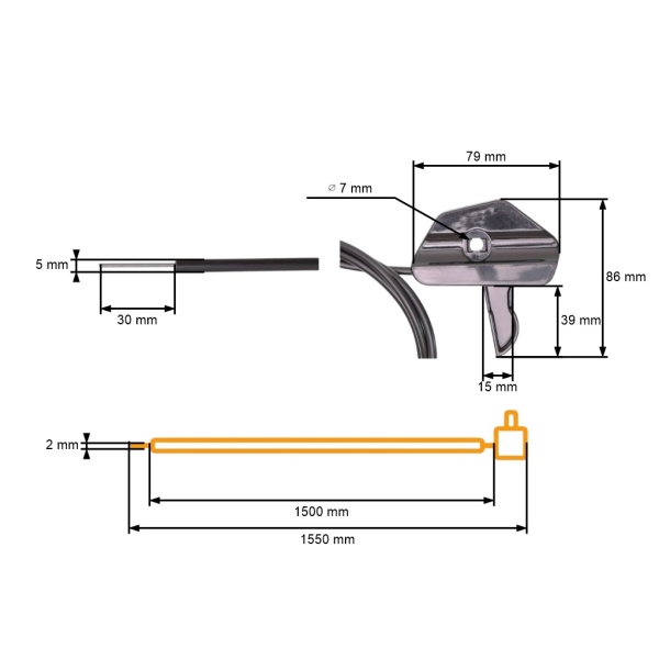 Kompletní univerzální plynové lanko s plastovým ovladačem pro motorové sekačky rozměr 1550 mm x 1500 mm