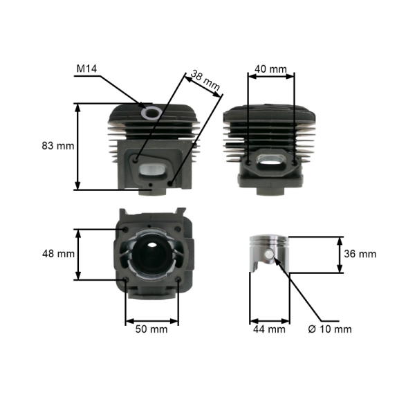Kompletní válec s pístem 44 mm pro Čínské křovinořezy a křovinořezy z hobbymarketů s obsahem motoru 52 ccm
