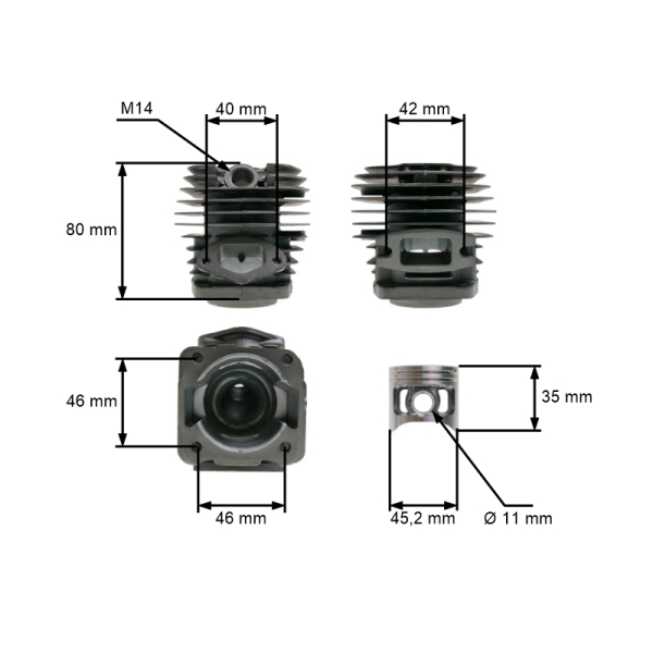 Kompletní válec s pístem 45,2 mm pro Čínské motorové pily a pily z hobbymarketů s obsahem motoru 58 ccm