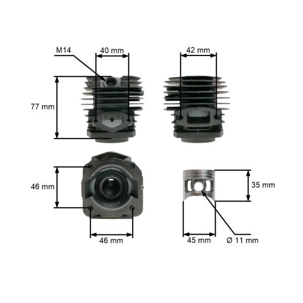 Kompletní válec s pístem 45 mm pro Čínské motorové pily a pily z hobbymarketů s obsahem motoru 45 ccm - 58 ccm