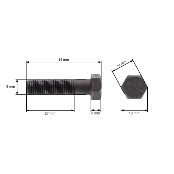Šroub žacího nože jemný závit UNF 3/8" x 1-1/2" pro motorové sekačky a zahradní traktory celková délka 43,55 mm průměr 9,40 mm
