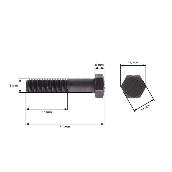 Šroub žacího nože jemný závit UNF 3/8" x 1-3/4" pro motorové sekačky a zahradní traktory celková délka 50 mm průměr 9,40 mm