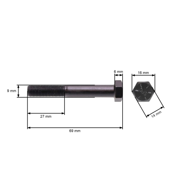 Šroub žacího nože jemný závit UNF 3/8" x 2-1/2" pro motorové sekačky a zahradní traktory celková délka 69 mm průměr 9,40 mm
