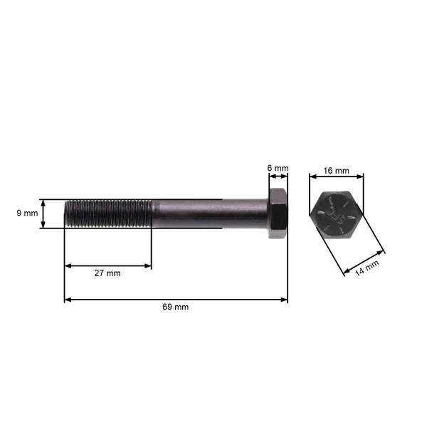 Šroub žacího nože jemný závit UNF 3/8" x 2-1/2" pro motorové sekačky a zahradní traktory celková délka 69 mm průměr 9,40 mm