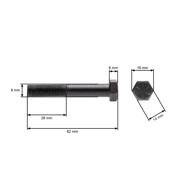 Šroub žacího nože jemný závit UNF 3/8" x 2-1/4" pro motorové sekačky a zahradní traktory celková délka 62 mm průměr 9,40 mm