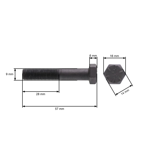 Šroub žacího nože jemný závit UNF 3/8" x 2" pro motorové sekačky a zahradní traktory celková délka 57 mm průměr 9,40 mm