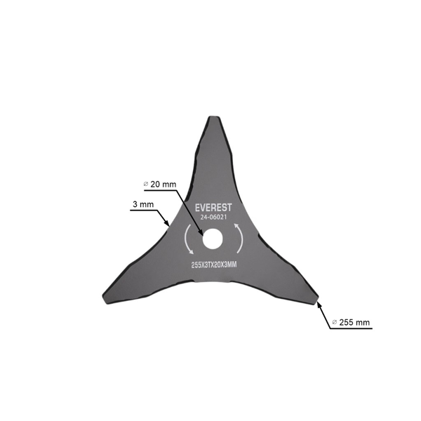 Žací oceľový nôž 3-zubý 255 mm x 20,0 mm x 3,0 mm pre krovinorezy a vyžínače
